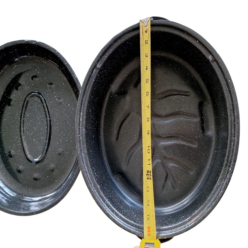 Vintage Granite Ware Black Speckled Covered Oval Roasting Pan with Lid